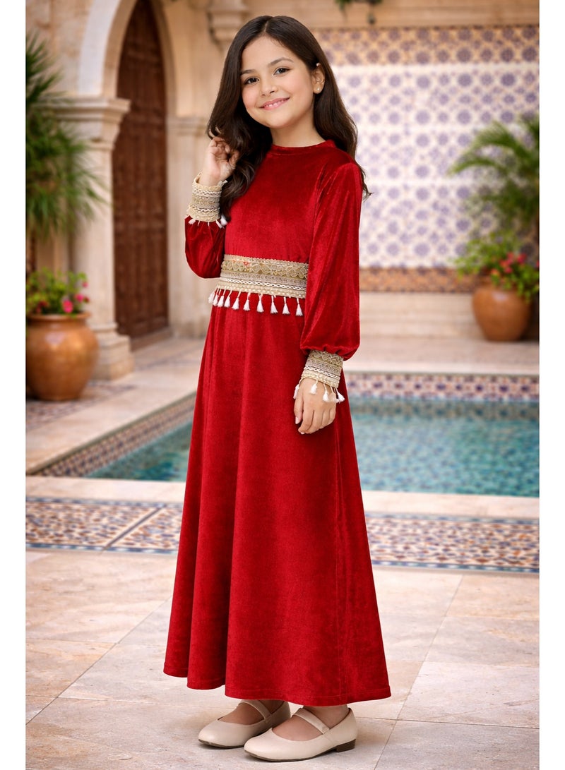 Girls Velvet Ramadan Dress with Separate Tassel Trim, Long Sleeve Islamic Abaya, Traditional Modest Maxi Dress for Kids - Image 1